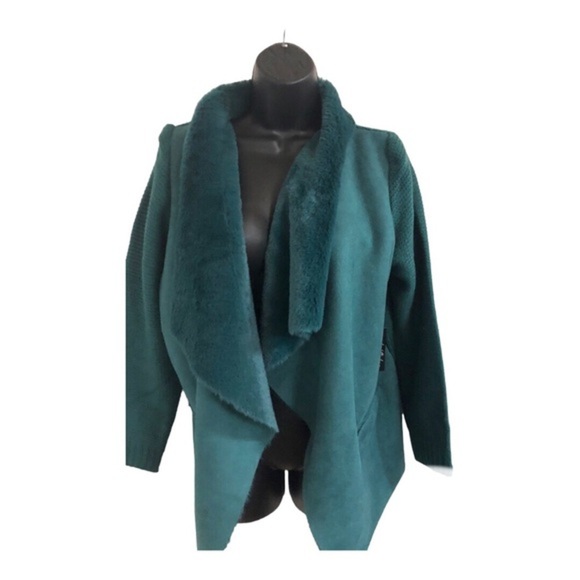 Green faux fur shawl collar textured knit cardigan jacket shacket size‎ Medium - Picture 1 of 13